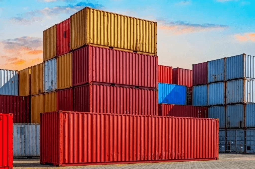 Container ship loaded with containers at sea